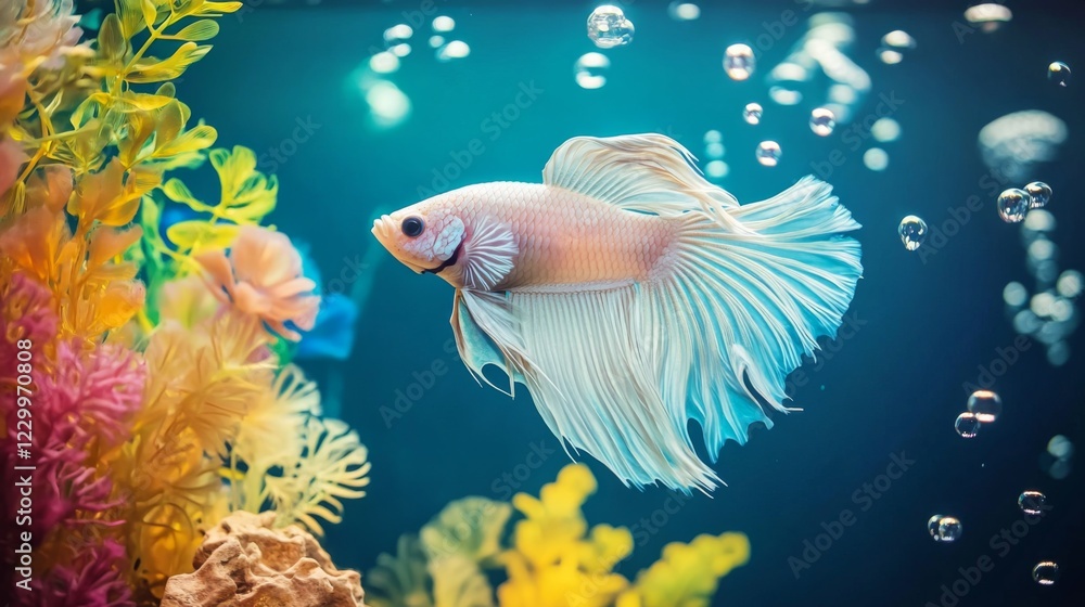 Poster a serene underwater scene featuring a betta fish exploring its habitat, with bubbles rising and colo