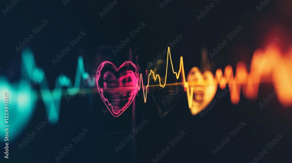 Poster A series of heart waveforms depicted in different colors, symbolizing various emotional states, displayed on a dark background for a striking contrast