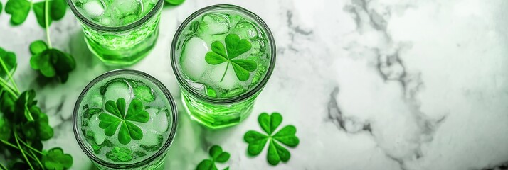 Green cocktails with clover leaves above marble background, ice cubes, fresh leaves