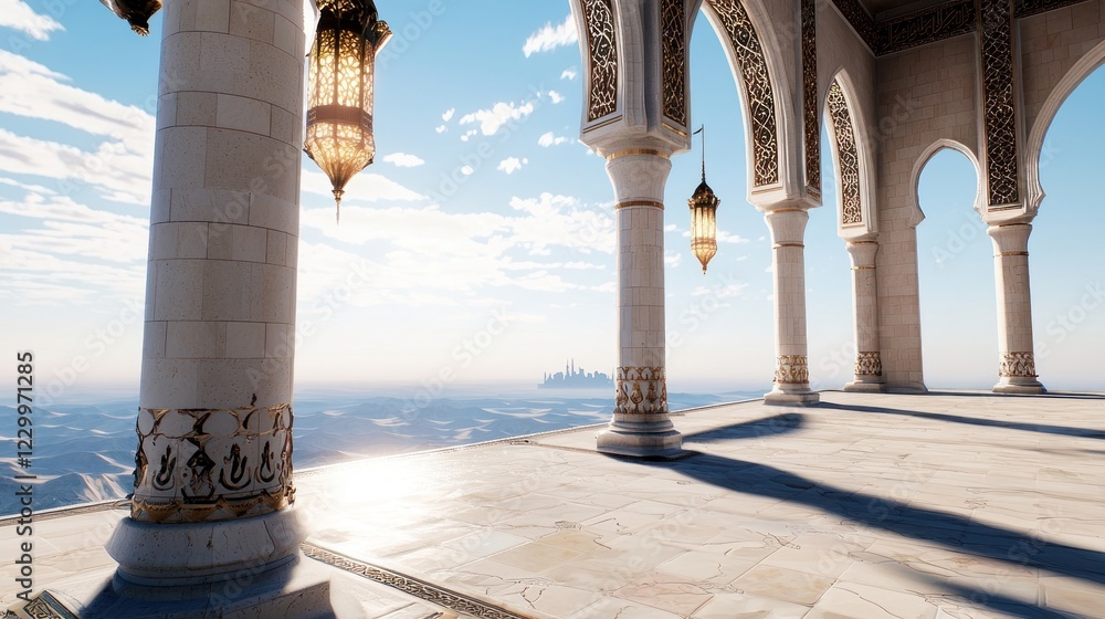 Poster white palace architecture with ornate columns and golden lanterns