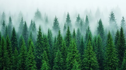 Fototapeta premium Lush Evergreen Forest Surrounded by Misty Fog in Morning Light