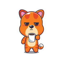 cat mascot cartoon character vector illustration is tired and sleepy holding coffee.