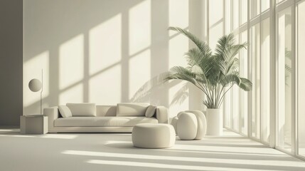 Serene Minimalist Living Room with Sunlight Streaming Through Large Windows