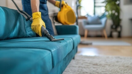 A professional cleaning service rejuvenates a teal couch with advanced equipment in a bright living room