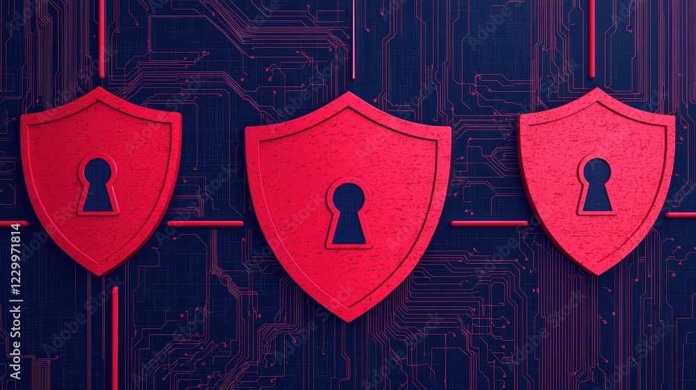 Poster stylish red shields with keyholes on a circuit board background