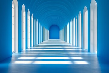3D rendering of white vertical stripes in front view on a blue background, minimalistic interior design, modern architecture, open space concept.