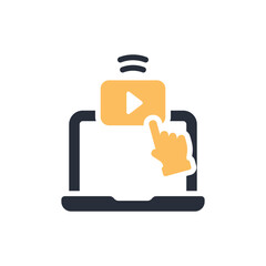 Fototapeta premium This vector icon illustrates ondemand video streaming, showing a laptop with a play button and a clicking hand gesture, highlighting user interaction and engagement in digital entertainment