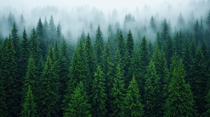 Lush Green Evergreen Forest Surrounded by Mysterious Fog