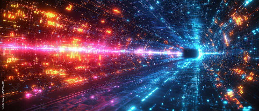 Poster tunnel illuminated with vibrant neon lights against a dark background creating a futuristic atmosphe