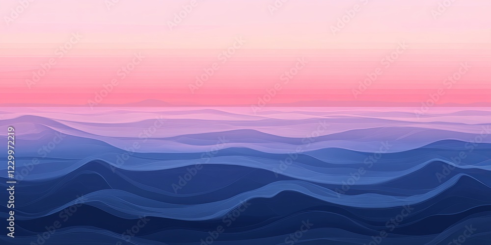 Poster abstract digital artwork featuring pastel waves and a gradient sky, creating a tranquil and serene a