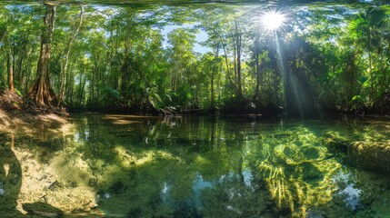 Obraz premium Sunlit jungle river, clear water, lush vegetation, tranquil scene, nature backdrop