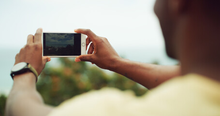 Photograph, hands and man with smartphone, nature and view with screen, picture or social media. Travel influencer, person or guy with cellphone, summer holiday or explore with adventure or landscape