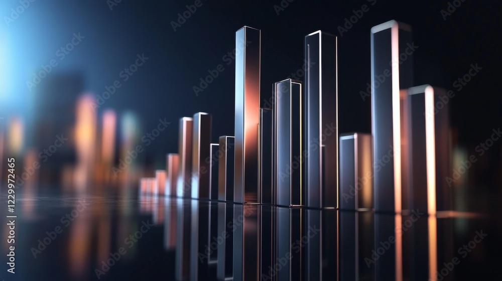 Aufkleber a sleek, futuristic d bar graph with metallic bars rising from a reflective surface, set against a d