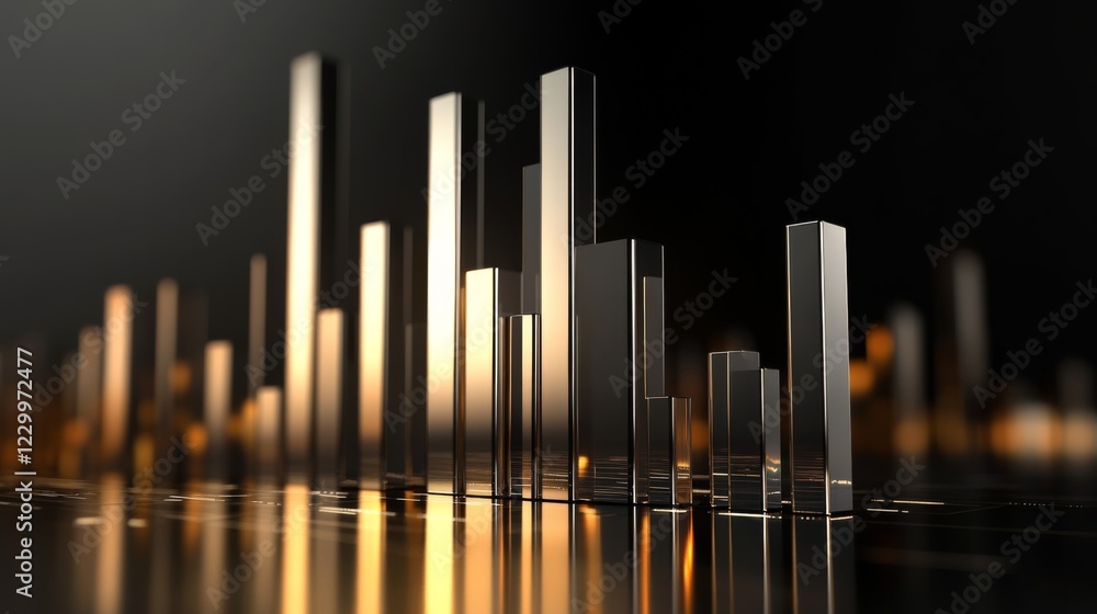 Aufkleber A sleek, futuristic D bar graph with metallic bars rising from a reflective surface, set against a dark gradient background, highlighting business growth.