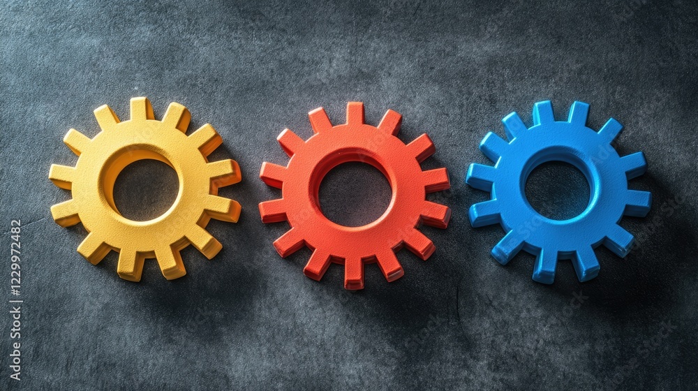 Poster Bright interconnected gears on a smooth background symbolizing efficient teamwork.
