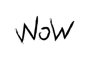 A black and white hand-drawn Wow text with a rough brushstroke texture, symbolizing surprise, excitement, and amazement. 
