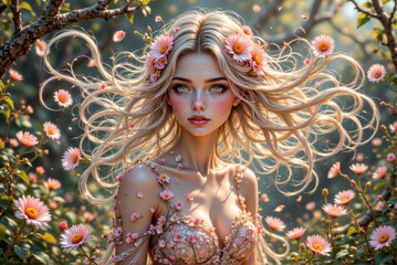Enchanting young woman in a floral dress surrounded by blooming flowers in a magical garden