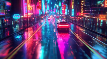 Vibrant Night City Street Reflecting Neon Lights During Rain