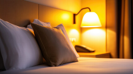 Relaxing evening in a cozy hotel room with soft lighting and comfortable bedding
