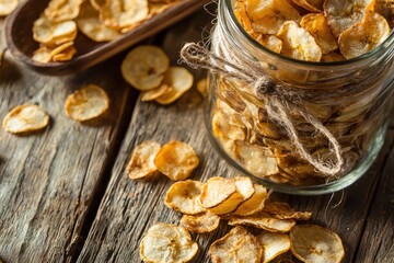 Fototapeta premium Banana Chips in a Glass Jar Light, crunchy banana chips with a golden hue, showcased in a jar tied with a rustic ribbon
