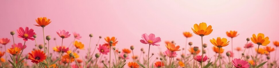 Obraz premium A field of pink orange wildflowers on a soft pink background with an open space for copy, soft, nature