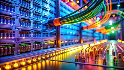 Tilt-shift's miniature world captures a high-tech data center's intricate network infrastructure, a futuristic digital landscape.