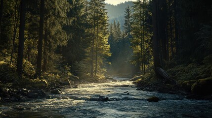 Obraz premium Sunlit river flowing through a mountain forest