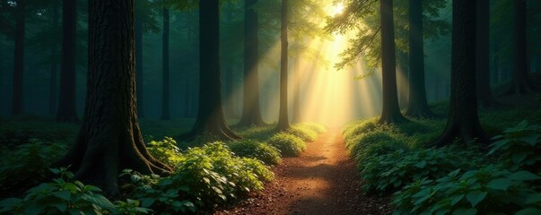 Obraz premium A glowing light guides through the winding forest, forest, natural, mystery