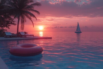 3D render of swimming pool with lounge chair, inflatable donut floating on water, sailboat in distance, sunset light, palm trees in background
