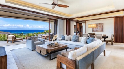 A spacious living room with an open layout, showcasing a comfortable seating area, dining space, and large sliding doors leading to a balcony