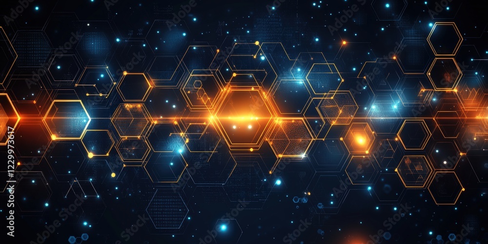 Poster abstract technology background featuring glowing hexagons in a modern digital design