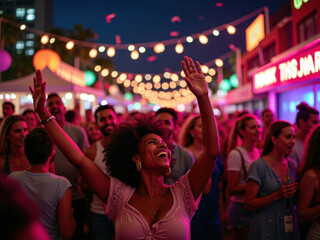 Joven negra junto a una escena de festival nocturno vibrante y animada presenta a un grupo de personas diversas
