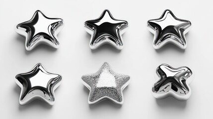 Obraz premium Six metallic silver stars, one damaged, on white background.