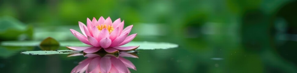 A lotus flower floats on a serene pond surface covered with soft greenery, serenity, calm