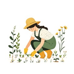 Woman tending to her garden in a sunny setting with vibrant flowers and plants surrounding her
