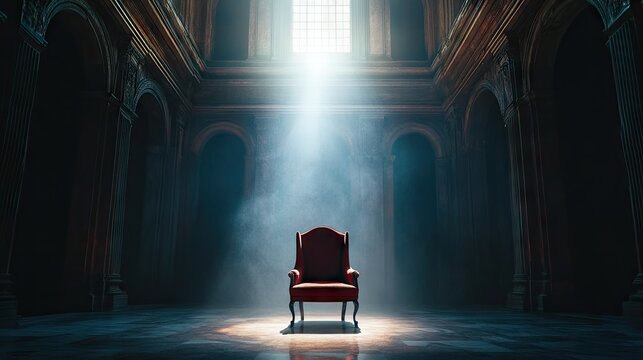 A throne-like chair in a vast dark hall, a single ray of light streaming through a high window.