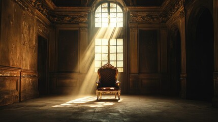 Fototapeta premium A throne-like chair in a vast dark hall, a single ray of light streaming through a high window.