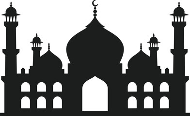 Islamic Mosque Silhouette Vector – Elegant Arabic Architecture with Minarets and Crescent
