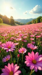 A sea of pink wildflowers stretching across a sunny landscape, daisy, field