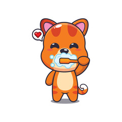 cat mascot cartoon character vector illustration brushing teeth.