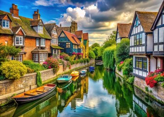Obraz premium UK riverfront homes: candid photography reveals the beauty of Canterbury's Great Stour River and its idyllic setting.