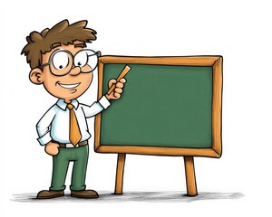 Happy Cartoon Teacher Standing Beside Chalkboard with Pointer