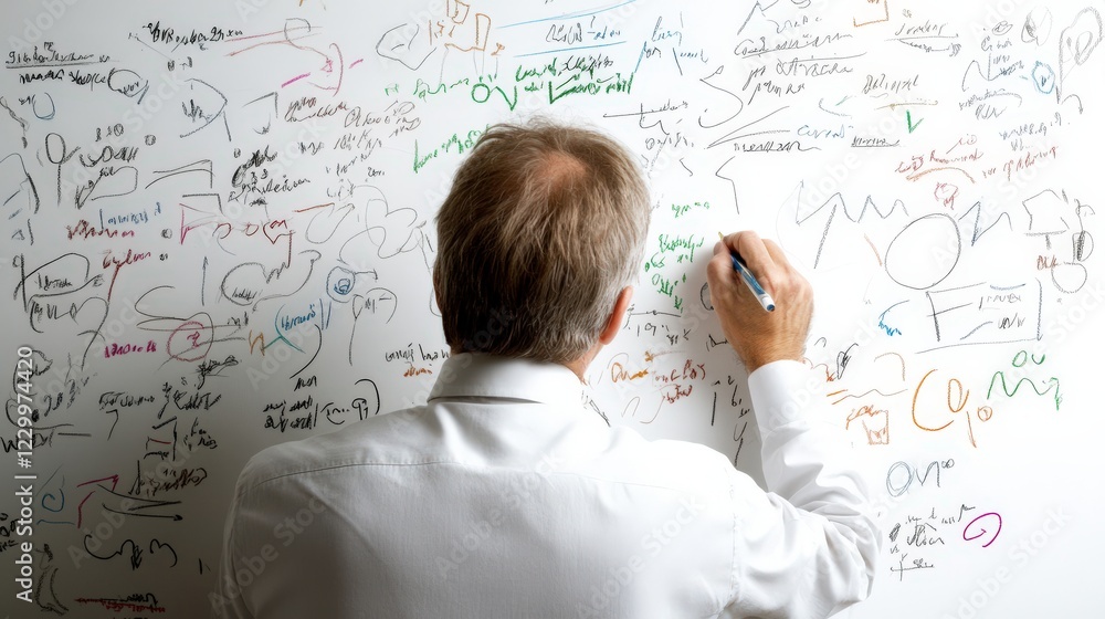 Poster person writing complex concepts on whiteboard with colorful markers