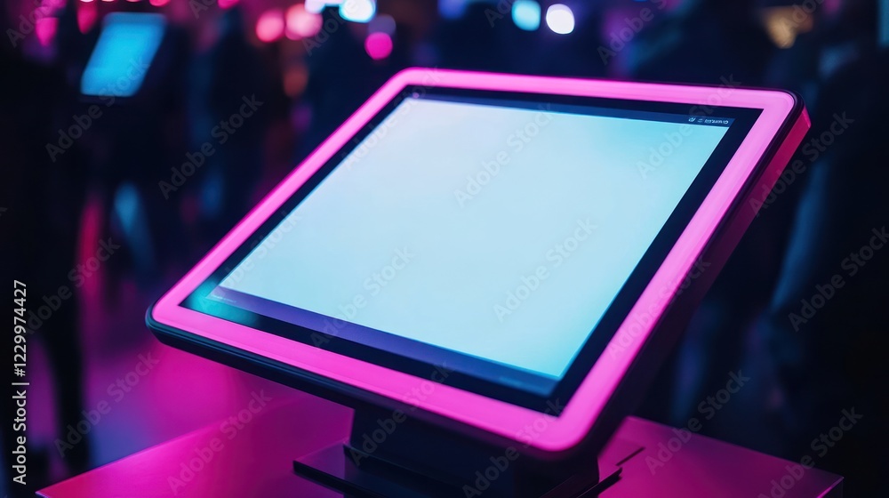 Poster pink-lit interactive touchscreen kiosk in a crowded space.