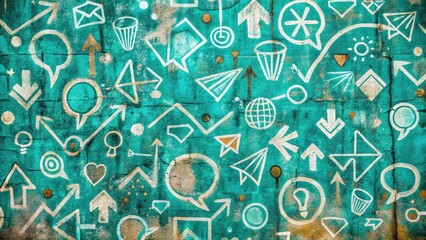 Urban exploration photography features abstract graffiti art; teal hand-drawn symbols add a unique, communicative layer.