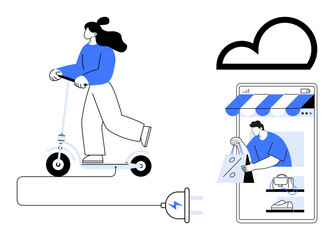 Person on an electric scooter connected to a power plug beside a giant mobile shopping window. Ideal for e-commerce, urban mobility, technology, sustainable living, digital transformation