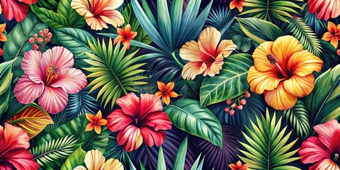 Vibrant tropical hibiscus and palm leaves captured in documentary-style botanical prints.