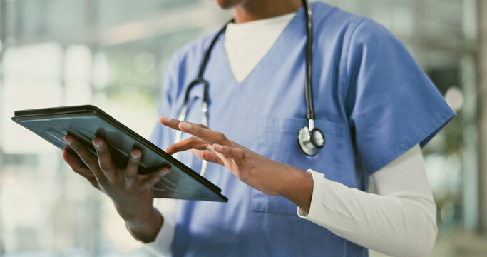 Tablet, doctor hands and person typing online healthcare info, medical research or cardiology service report. Hospital results, surgeon and closeup nurse search database for medicine data analysis