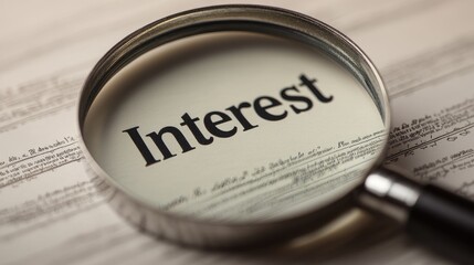 Magnifying glass over the word Interest printed on paper, symbolizing analysis and focus.