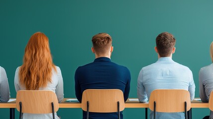 Team research session classroom group discussion modern environment back view collaborative learning